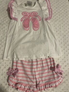 Girls White & Pink Ballet Slipper Pajama Set - Short Sleeve Top & Striped Shorts